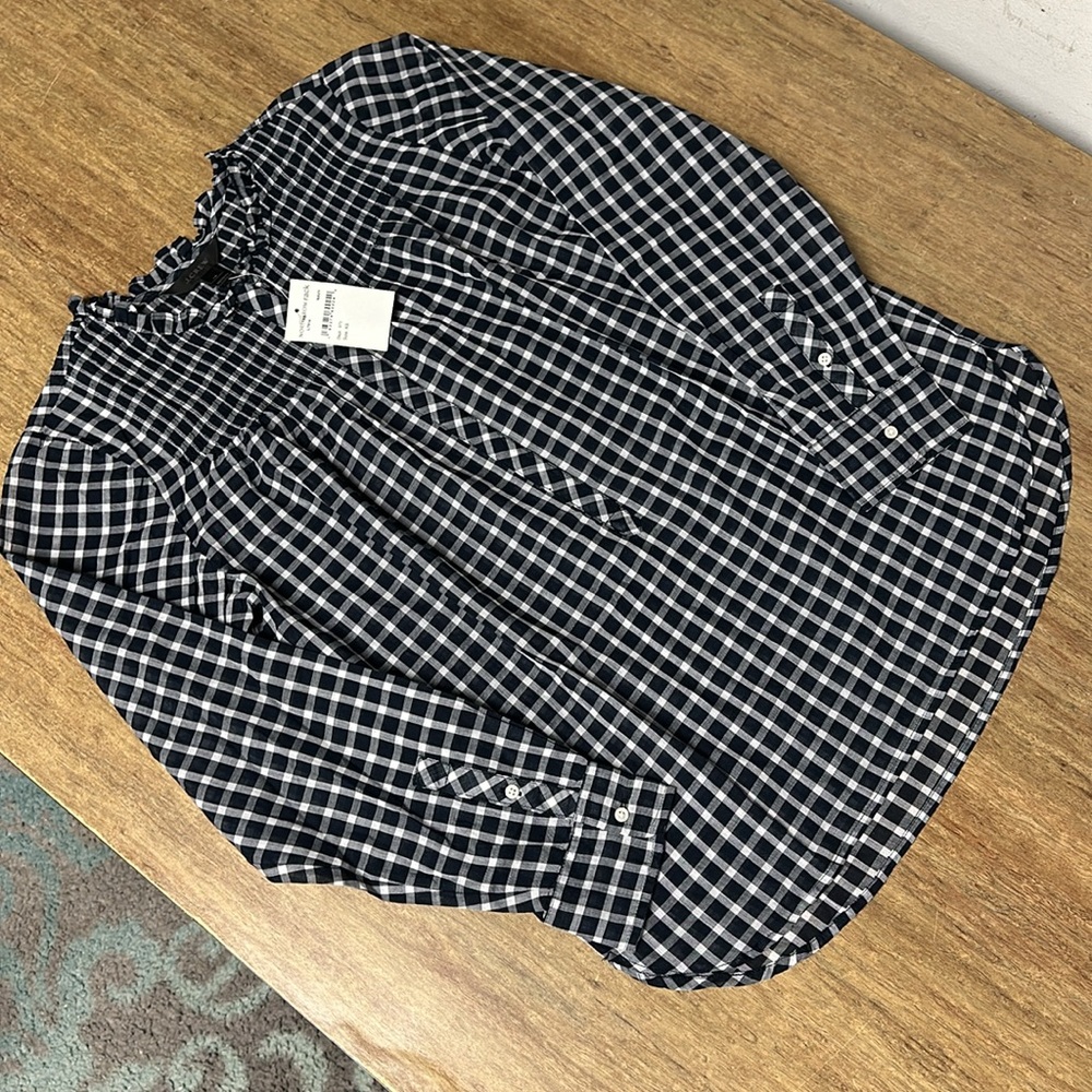 J Crew nwt 100% cotton navy blue white plaid button ruffle blouse top - Picture 3 of 6